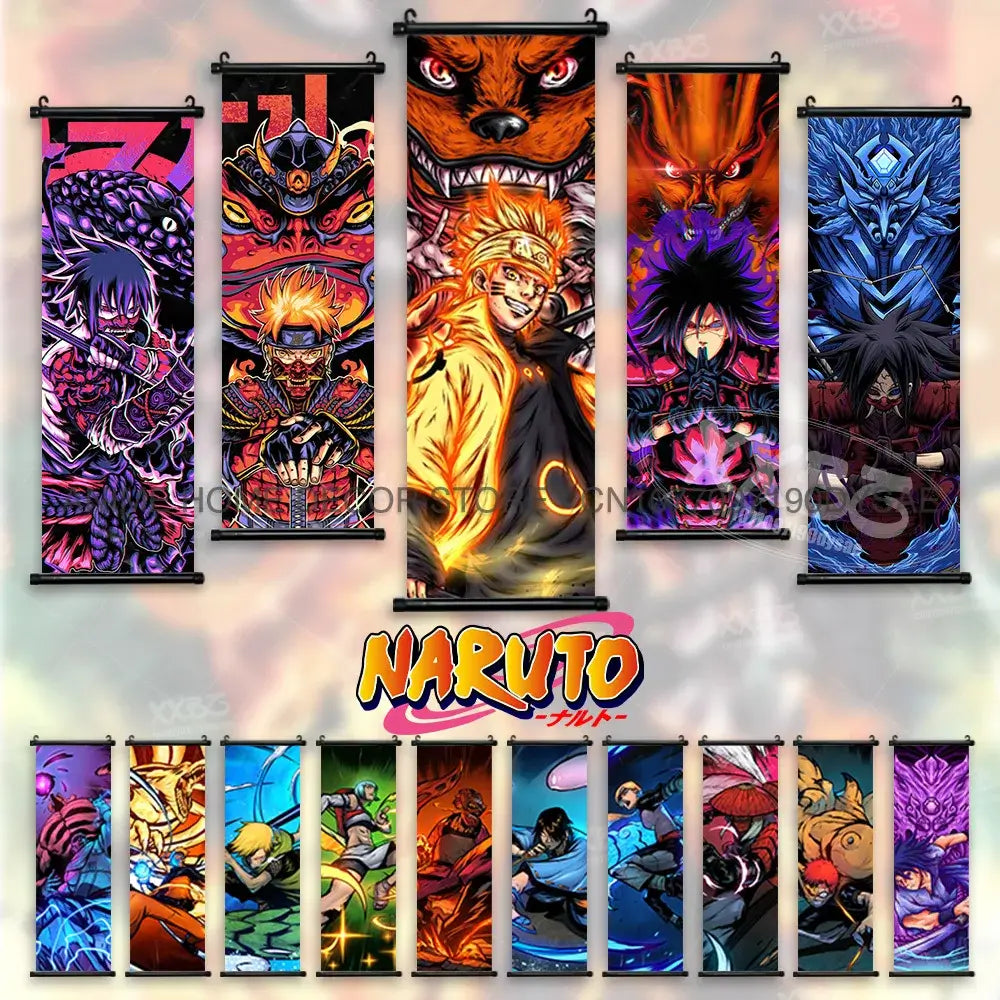 High-definition Naruto Posters hanging scroll featuring Uzumaki Naruto, Uchiha Sasuke, and Madara for anime home wall decoration.