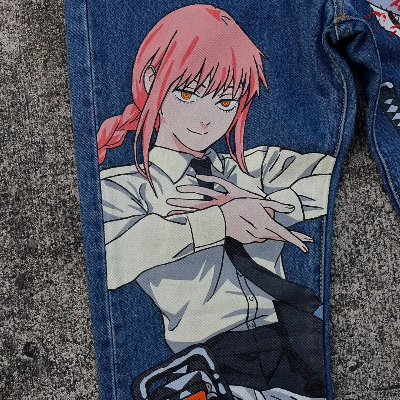 Trendy Cartoon Print Jeans featuring a high street graphic design, styled as loose wide-leg Harajuku denim for men and women.