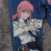 Trendy Cartoon Print Jeans featuring a high street graphic design, styled as loose wide-leg Harajuku denim for men and women.