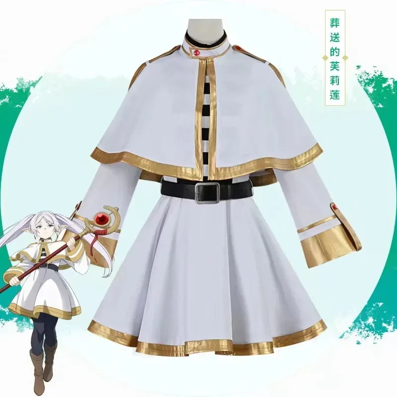 Frieren Cosplay Costume Set featuring dress, wig, elf ears, and earrings for anime enthusiasts.