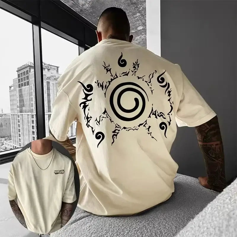 A high-quality Obito Uchiha T-shirt made of soft cotton, featuring a graphic anime print for men and boys, styled as parent-child casual wear.