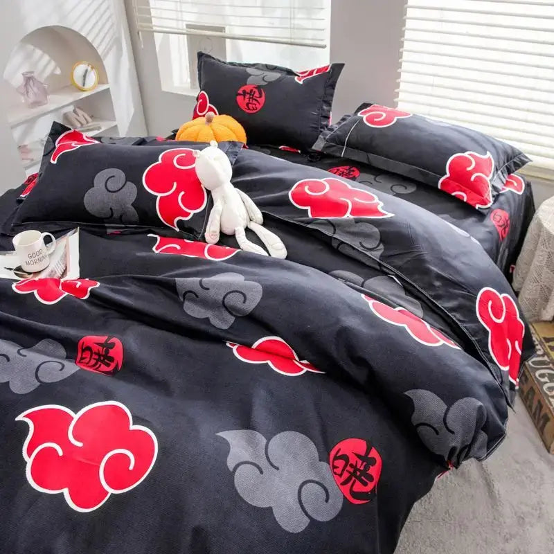 A creative Naruto Akatsuki Bedding four-piece set featuring cute 2D cartoon anime characters on a duvet cover and bed sheets.