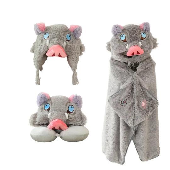 Inosuke Boar Head Plush Cosplay Neck Pillow U-shaped hooded travel blackout cloak anime prop