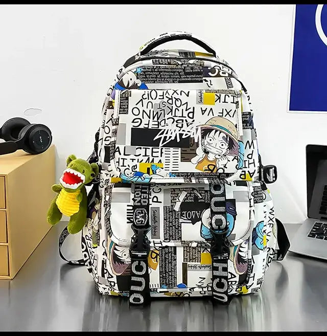 A high-capacity One Piece Luffy Backpack featuring a vibrant graffiti print of Monkey D. Luffy, designed as a durable school bag for middle and high students.