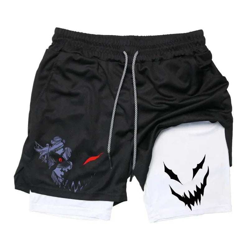Black Five-Leaf Clover Double-Layer Sports Shorts with Pockets
