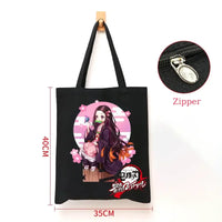 A durable Demon Slayer Canvas Bag featuring Kamado Nezuko and Tanjiro anime graphics, designed as a zipper tote for students and shoppers.