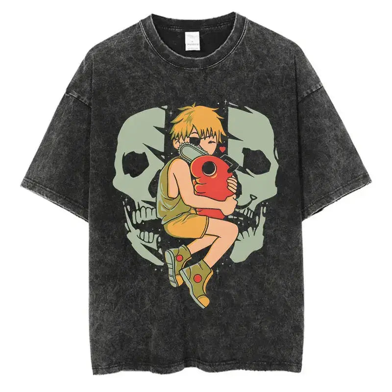 Chainsaw Man Power Print T-Shirt Y2K Harajuku washed cotton unisex anime tee men women
