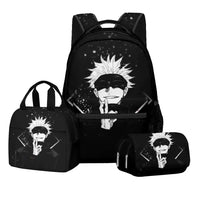 A 3-piece Jujutsu Kaisen Backpack Set featuring a digital print schoolbag, thermal lunch bag, and 2-layer pencil case for boys.