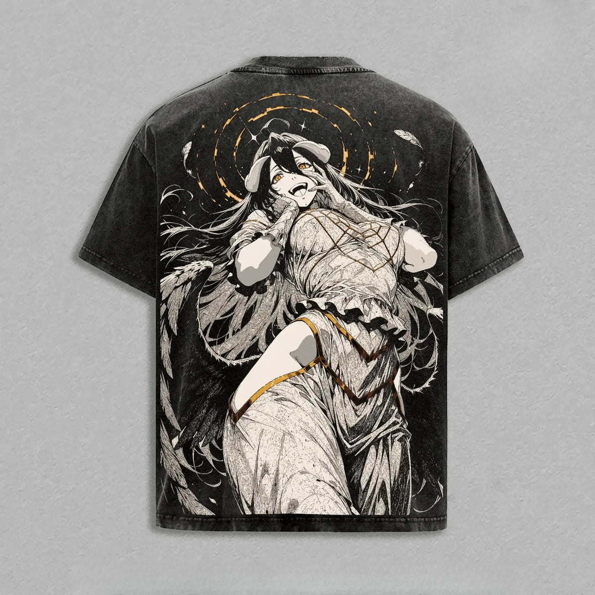 Albedo Overlord Printed Y2K Vintage Washed T-Shirt featuring a detailed anime graphic on the back.