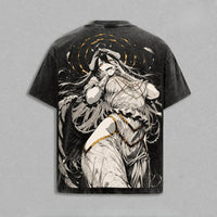 Albedo Overlord Printed Y2K Vintage Washed T-Shirt featuring a detailed anime graphic on the back.