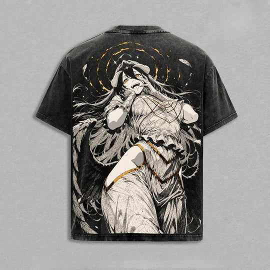 Albedo Overlord Printed Y2K Vintage Washed T-Shirt featuring a detailed anime graphic on the back.