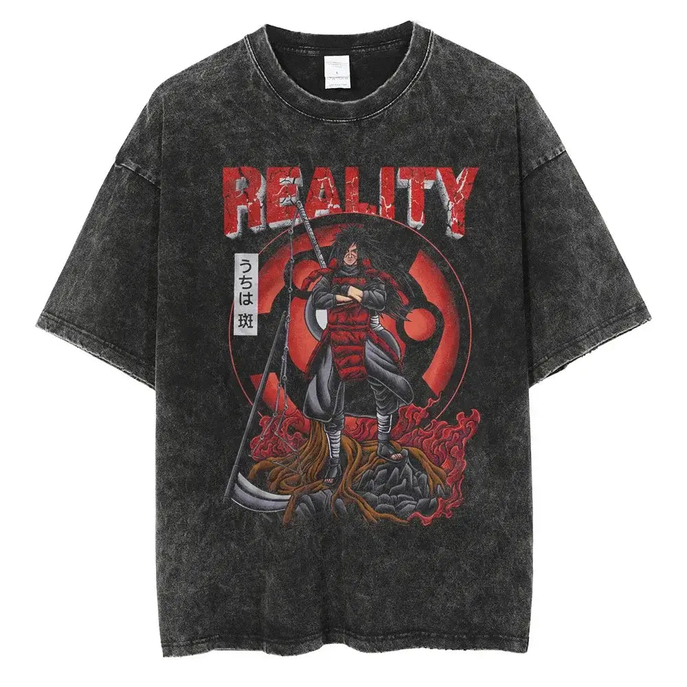 A man wearing the vintage black Japanese Anime Naruto Print T Shirt in a Harajuku hip hop streetwear style.