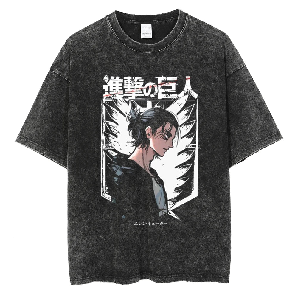 A vintage-washed Eren Jaeger T-Shirt featuring a gritty Attack on Titan manga graphic, styled as oversized Harajuku streetwear for men and women.