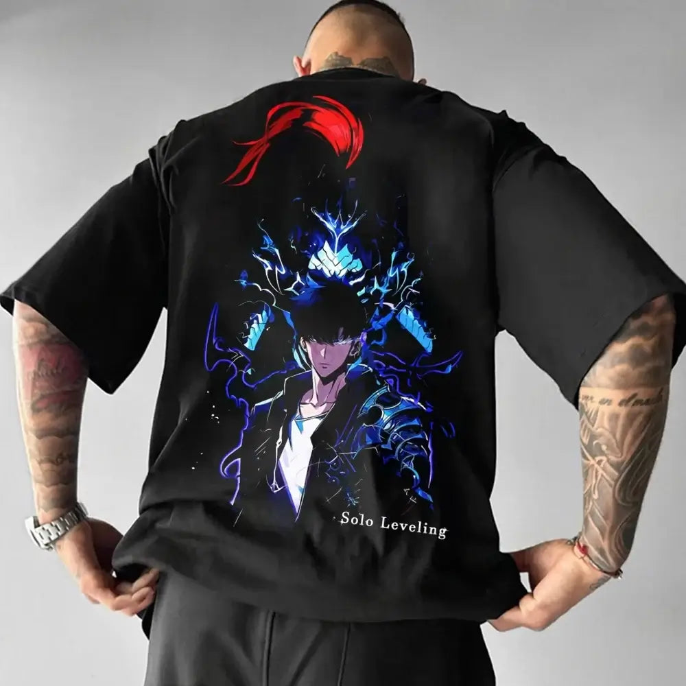 A high-quality Solo Leveling Authorized T-Shirt made of cotton, featuring a retro Y2K anime graphic of Sung Jinwoo, perfect for gamers and street style.