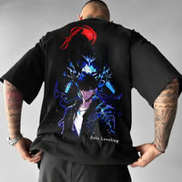 A high-quality Solo Leveling Authorized T-Shirt made of cotton, featuring a retro Y2K anime graphic of Sung Jinwoo, perfect for gamers and street style.