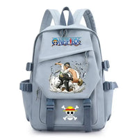 A lightweight canvas One Piece Backpack featuring kawaii anime characters, suitable for school, travel, and carrying a laptop computer.