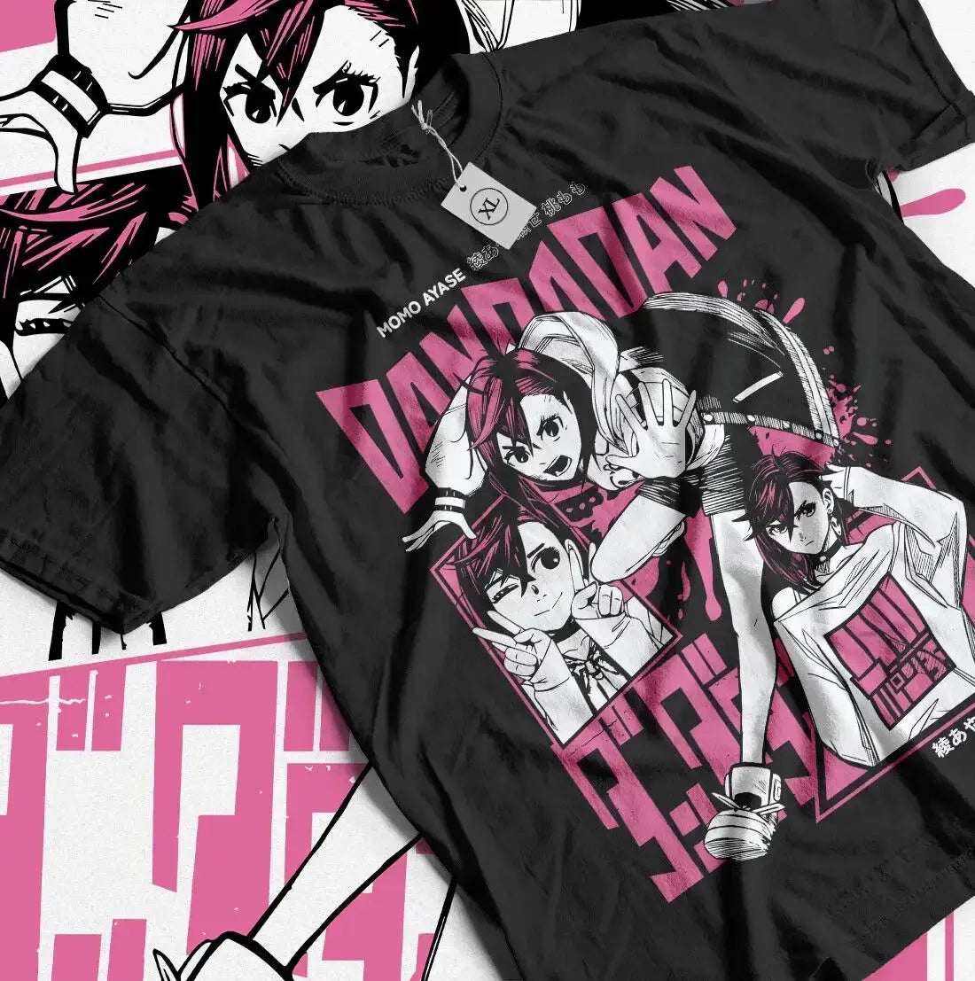 A trendy Dandadan T-Shirt featuring a graphic cosplay print of Seiko Ayase and Momo, designed as a round neck Y2K top for men.