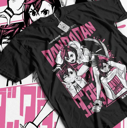 A trendy Dandadan T-Shirt featuring a graphic cosplay print of Seiko Ayase and Momo, designed as a round neck Y2K top for men.