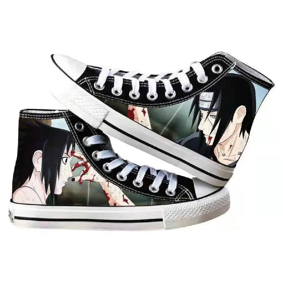 Trendy high-top Naruto Canvas Shoes featuring cool graffiti personality prints of Sasuke Uchiha, Itachi, and Kakashi for men and women.