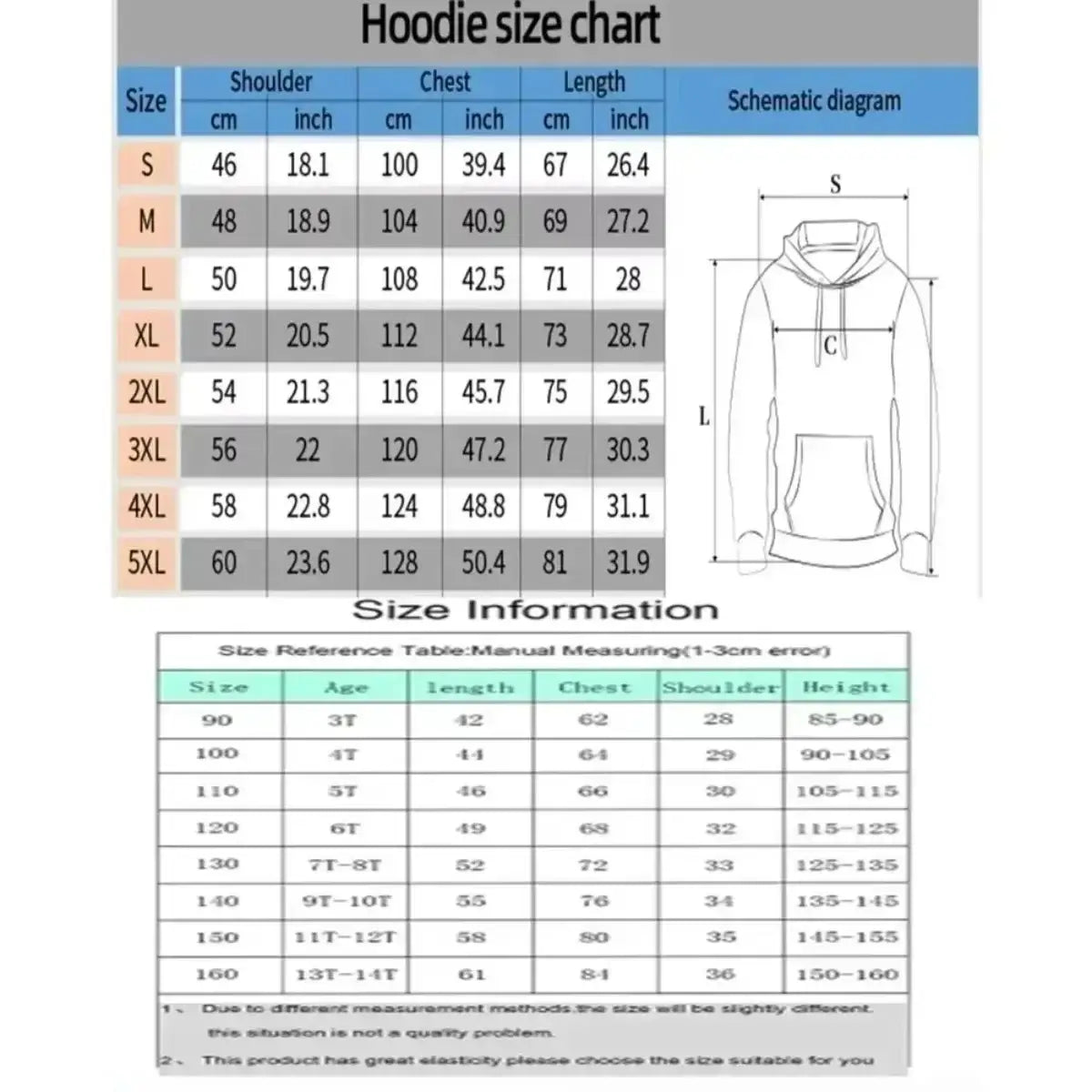 Hoodie size chart for One Piece Halloween Hoodie, showing measurements for different sizes in cm and inches.
