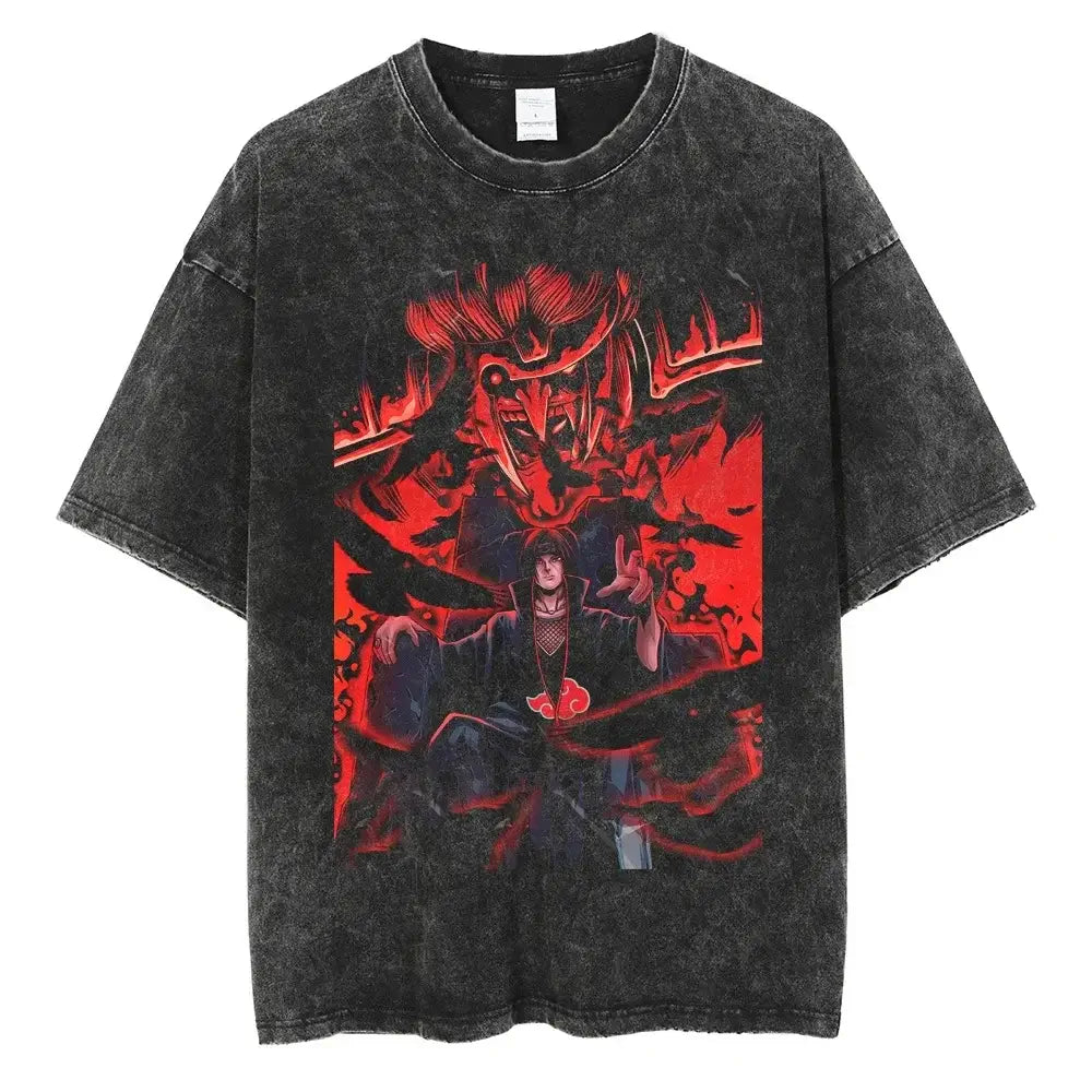 A man wearing the vintage black Japanese Anime Naruto Print T Shirt in a Harajuku hip hop streetwear style.