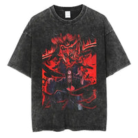 A man wearing the vintage black Japanese Anime Naruto Print T Shirt in a Harajuku hip hop streetwear style.