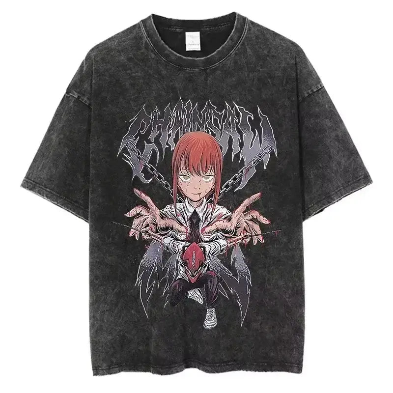 A unisex Chainsaw Man Vintage T-shirt in washed cotton with a Harajuku oversized streetwear fit.