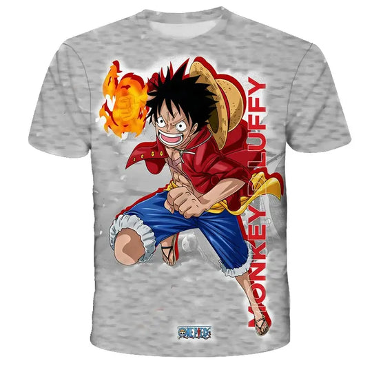 A breathable One Piece Luffy T-shirt featuring a cartoon graphic, designed as a loose-fit casual top for men and boys.