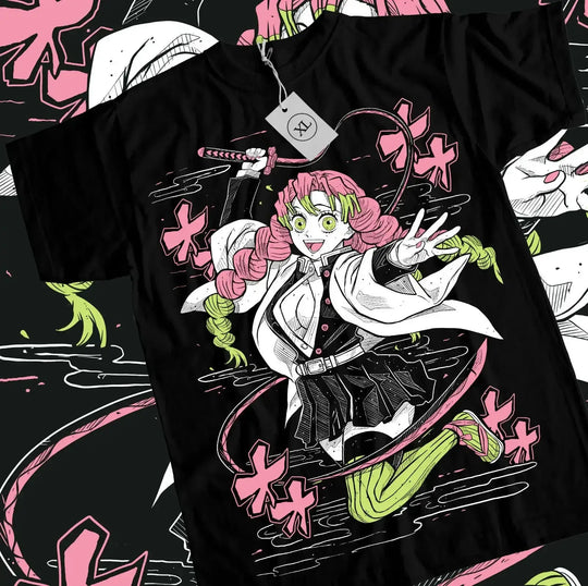 A pink aesthetic Mitsuri T-shirt featuring cute anime graphic art of the Love Hashira, designed as Harajuku women's clothing.