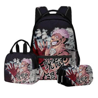 A 3-piece Jujutsu Kaisen Backpack Set featuring a digital print schoolbag, thermal lunch bag, and 2-layer pencil case for boys.