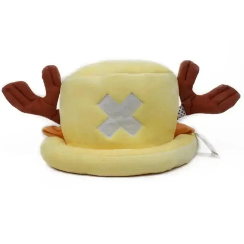 A soft Tony Tony Chopper Hat made of plush cotton featuring 3D antlers, alongside a spotted Trafalgar Law cap for anime cosplay.