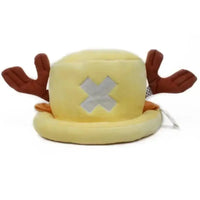 A soft Tony Tony Chopper Hat made of plush cotton featuring 3D antlers, alongside a spotted Trafalgar Law cap for anime cosplay.