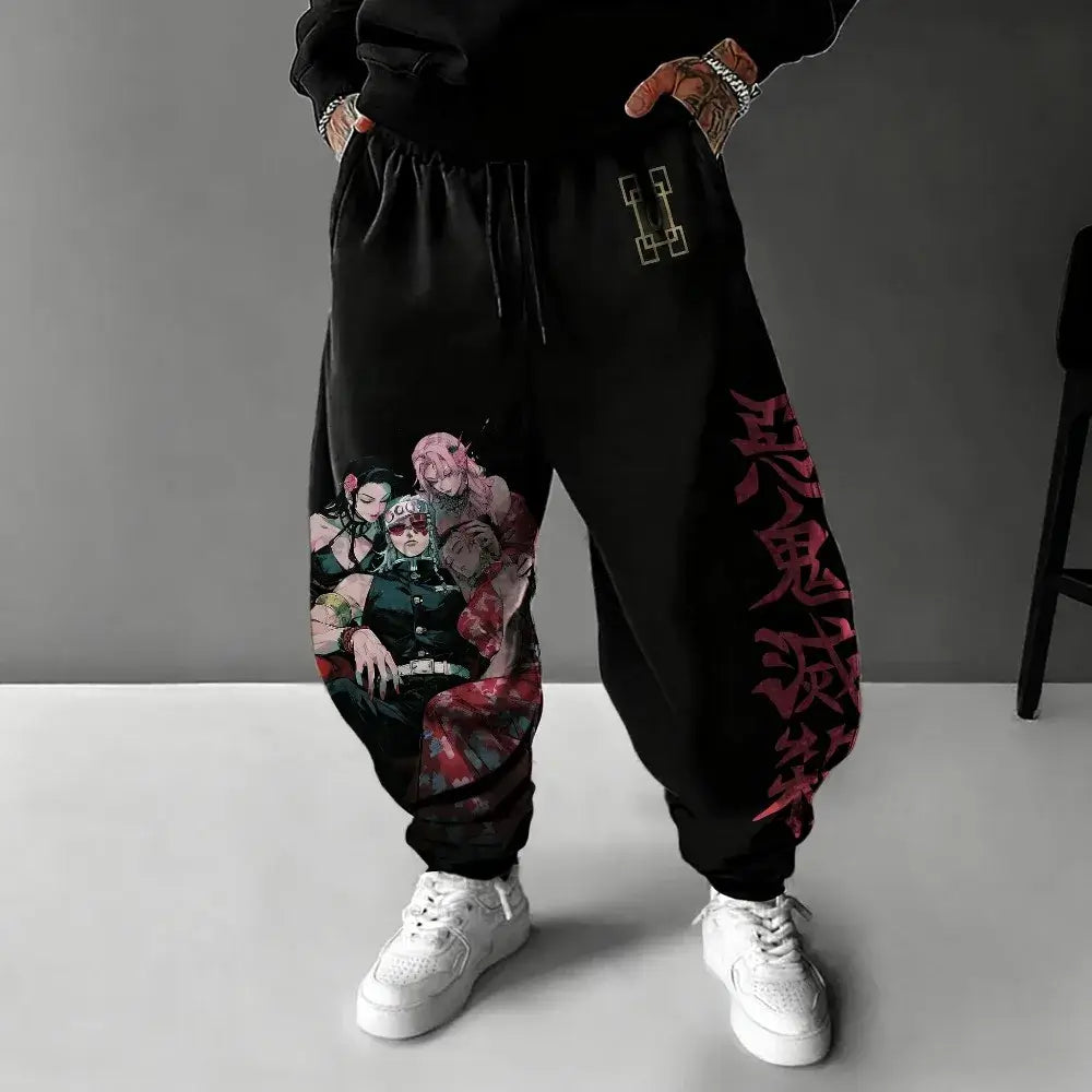 A pair of pure cotton Tokito Muichiro Jogger Pants featuring Japanese anime Demon Slayer graphic prints, designed as casual men's sport trousers.