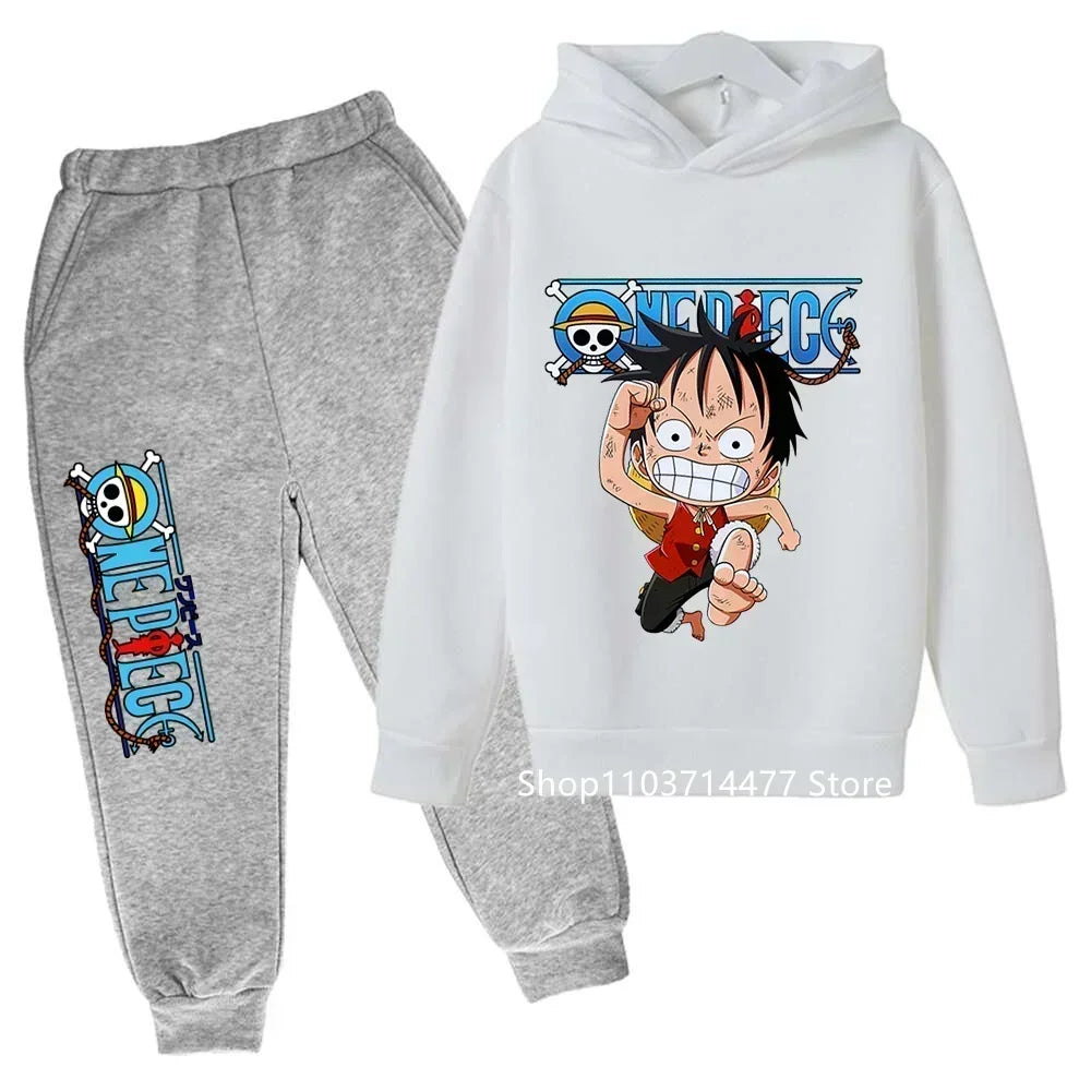 A comfortable One Piece Hoodie Set for kids featuring Monkey D. Luffy anime graphics, including a hoodie and pants 2-piece sports suit.