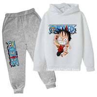 A comfortable One Piece Hoodie Set for kids featuring Monkey D. Luffy anime graphics, including a hoodie and pants 2-piece sports suit.
