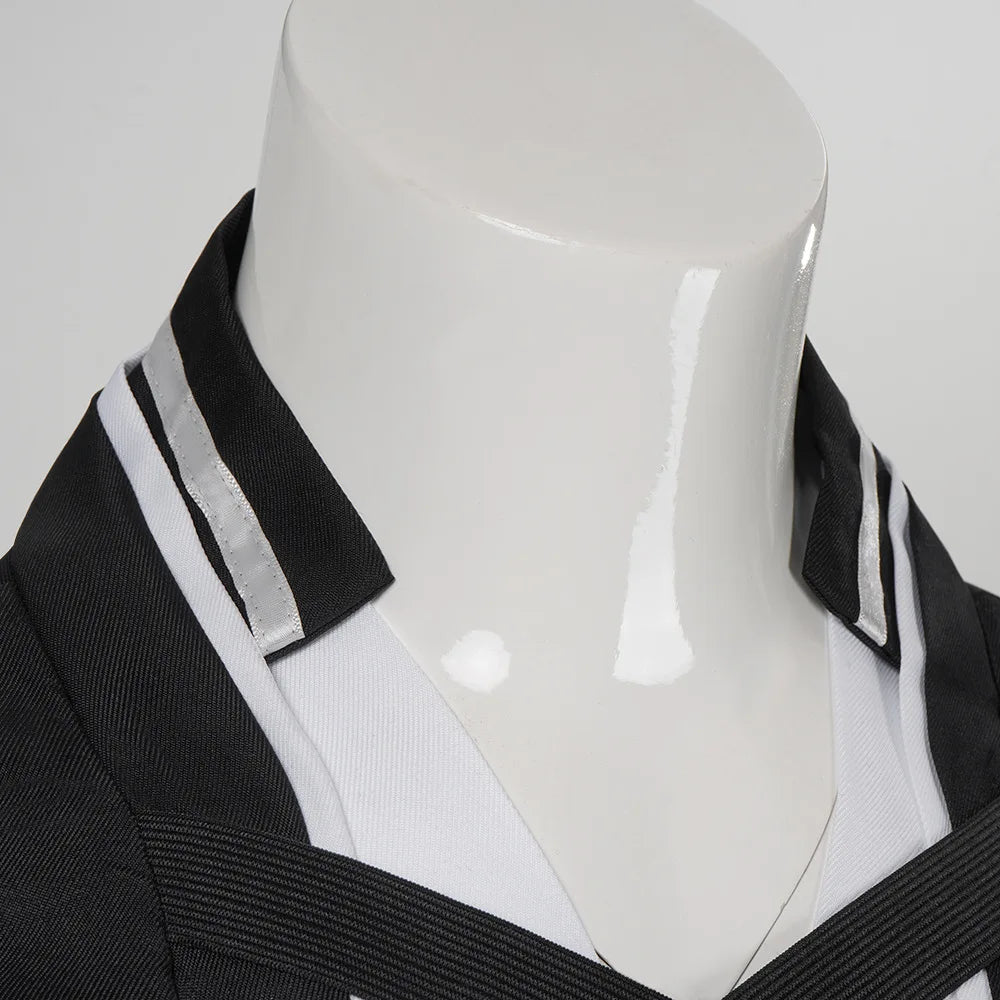 Kurosaki Ichigo Cosplay Costume complete display featuring overcoat, inner vest, pants, and white waist belt.