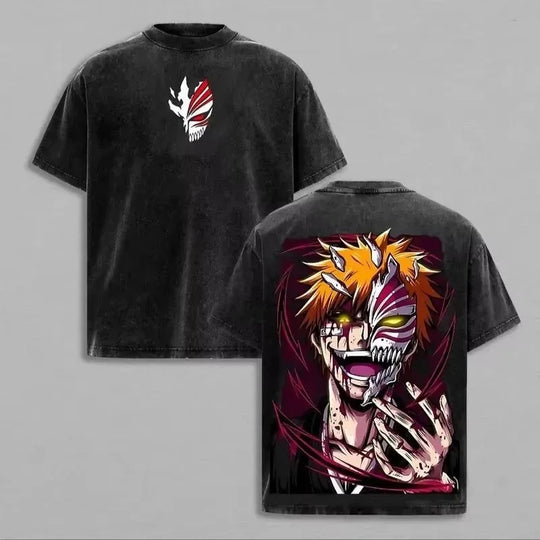 Bleach T-Shirt Vintage Washed Anime Streetwear close-up Bleach anime graphic print detail washed cotton fabric texture applique