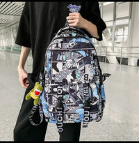 A high-capacity One Piece Luffy Backpack featuring a vibrant graffiti print of Monkey D. Luffy, designed as a durable school bag for middle and high students.