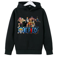 A trendy One Piece Kids Hoodie featuring cartoon graphic prints of Luffy and Zoro, designed as a casual spring and autumn pullover for children.