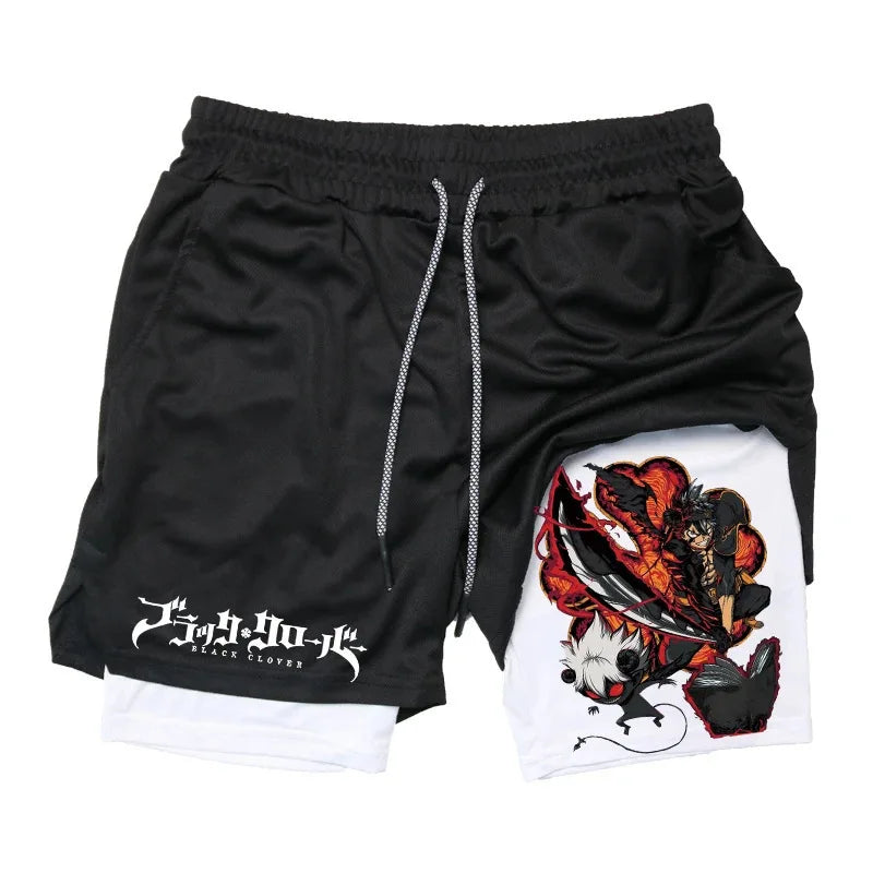 Black Five-Leaf Clover Double-Layer Sports Shorts with Pockets
