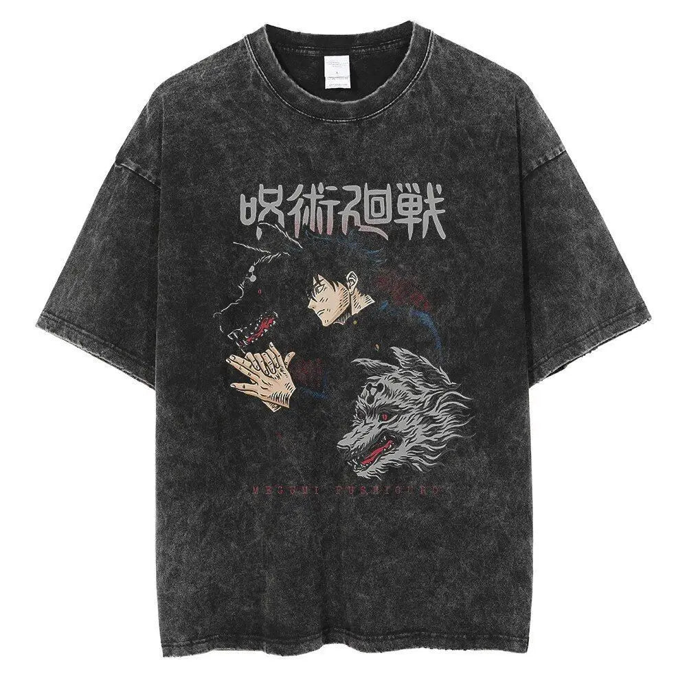 Jujutsu Kaisen Vintage Washed Cotton T-Shirt featuring graphic of wolves and cursed energy design