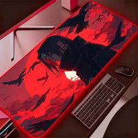 A glowing Itachi Uchiha RGB Mouse Pad illuminating a Gabinete Gamer computer setup with vivid Naruto anime art.