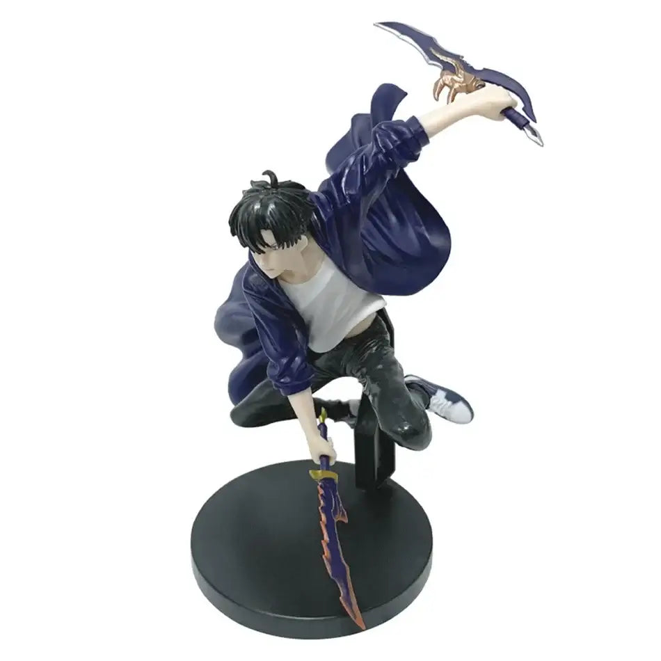A highly detailed Sung Jin Woo Figure, showcasing the Solo Leveling Shadow Monarch in a dynamic anime action pose for desktop decoration.