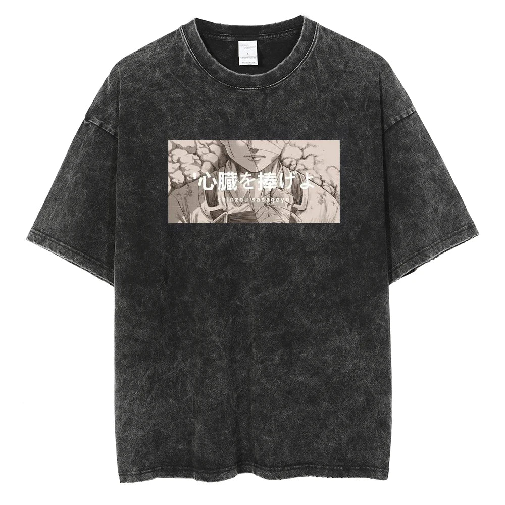 A vintage-washed Eren Jaeger T-Shirt featuring a gritty Attack on Titan manga graphic, styled as oversized Harajuku streetwear for men and women.