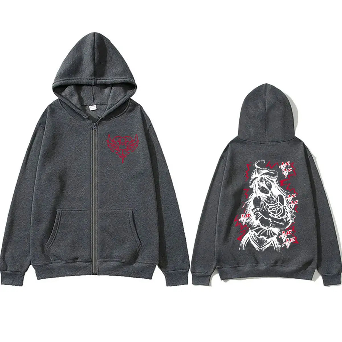 Albedo Overlord Vintage Zip Up Hoodie showing front and back designs in light gray cotton fleece.
