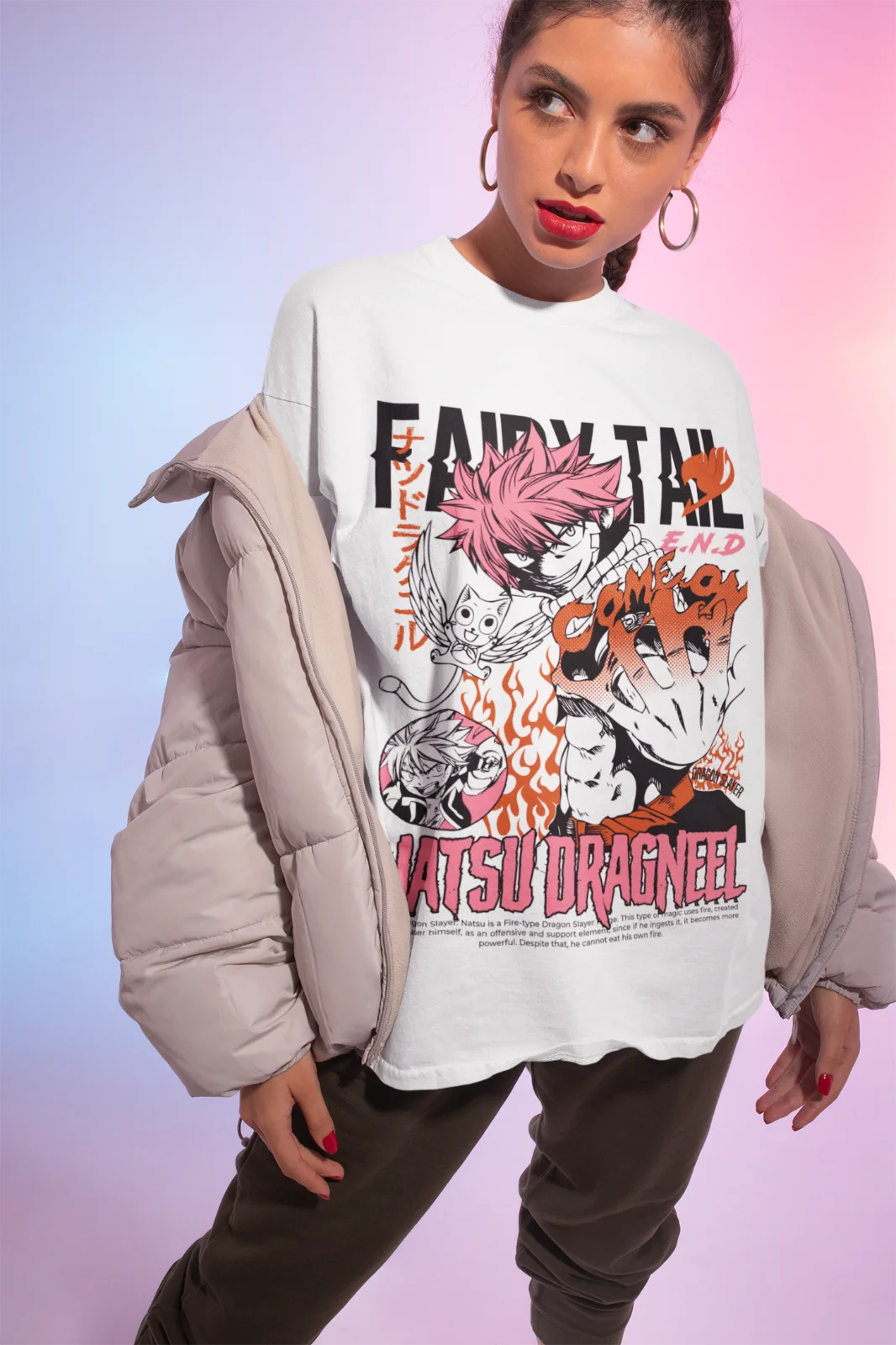 A premium Fairy Tail T-shirt featuring a dynamic graphic of Natsu Dragneel and Gray Fullbuster, designed as a girl anime gift for all sizes.