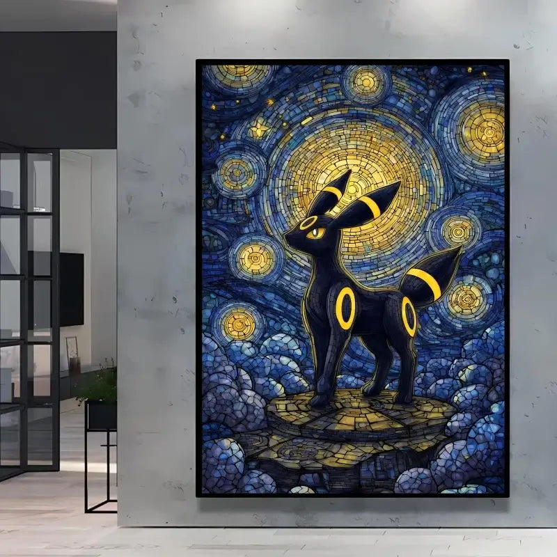 A stunning Van Gogh Pokemon Wall Art piece featuring Pikachu painted in a Starry Night impressionist style for unique home decoration.