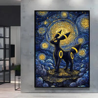 A stunning Van Gogh Pokemon Wall Art piece featuring Pikachu painted in a Starry Night impressionist style for unique home decoration.
