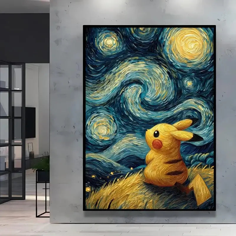 A stunning Van Gogh Pokemon Wall Art piece featuring Pikachu painted in a Starry Night impressionist style for unique home decoration.