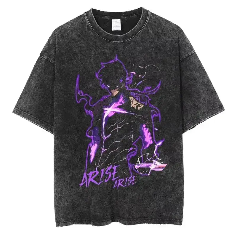 A hot unisex and plus size Solo Leveling Sung Jin-Woo Printed T Shirt in a washed cotton Harajuku style.